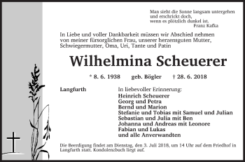 Traueranzeige von Wilhelmina Scheuerer von Dinkelsbühl/ Feuchtwangen