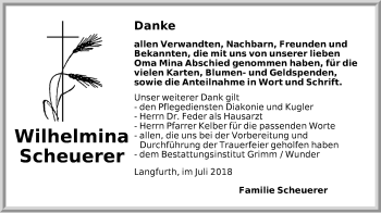 Traueranzeige von Wilhelmina Scheuerer von Dinkelsbühl/ Feuchtwangen