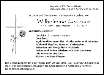 Traueranzeige von Wilhelmine Lechner von Neustadt/ Scheinfeld/ Uffenheim